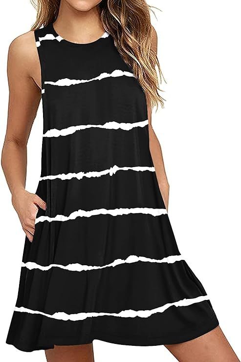 BISHUIGE Women Summer Casual Round Neck T Shirt Dresses Beach Cover up Plain Tank Dress | Amazon (US)