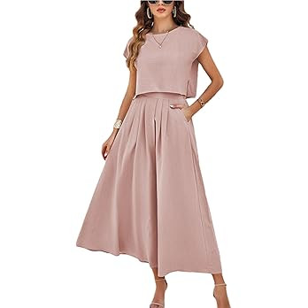 Mingzhu Womens 2 Piece Outfits Skirt Set Summer Casual Cap Sleeve Crop Tops Maxi Dress Sets with ... | Amazon (US)
