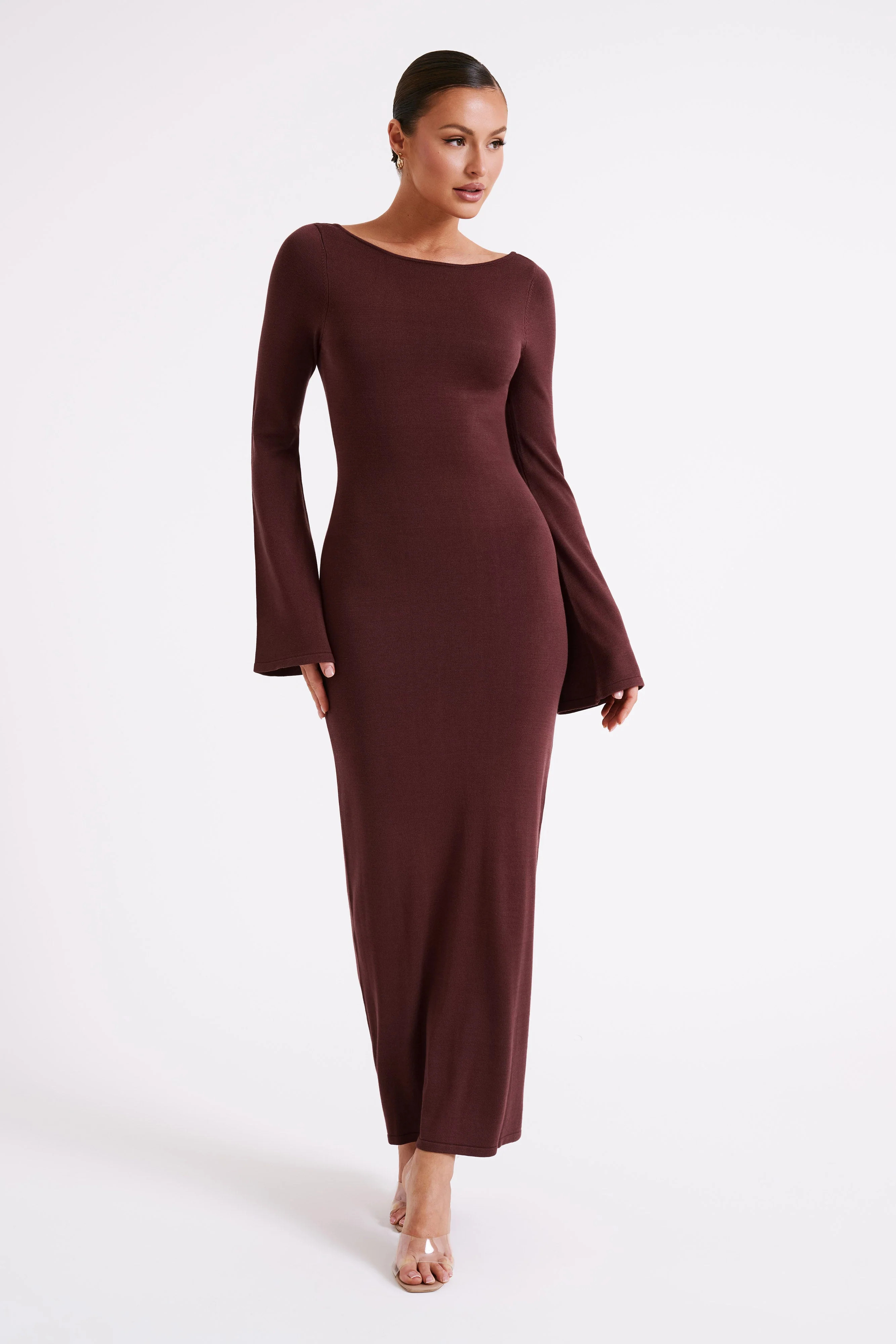 Marleigh Flare Sleeve Knit Maxi Dress - Dark Chocolate | MESHKI US