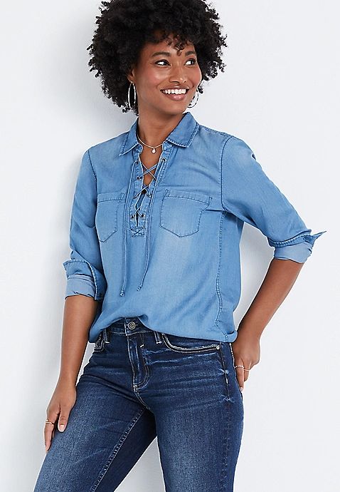 Denim Chambray Lace Up Top | Maurices