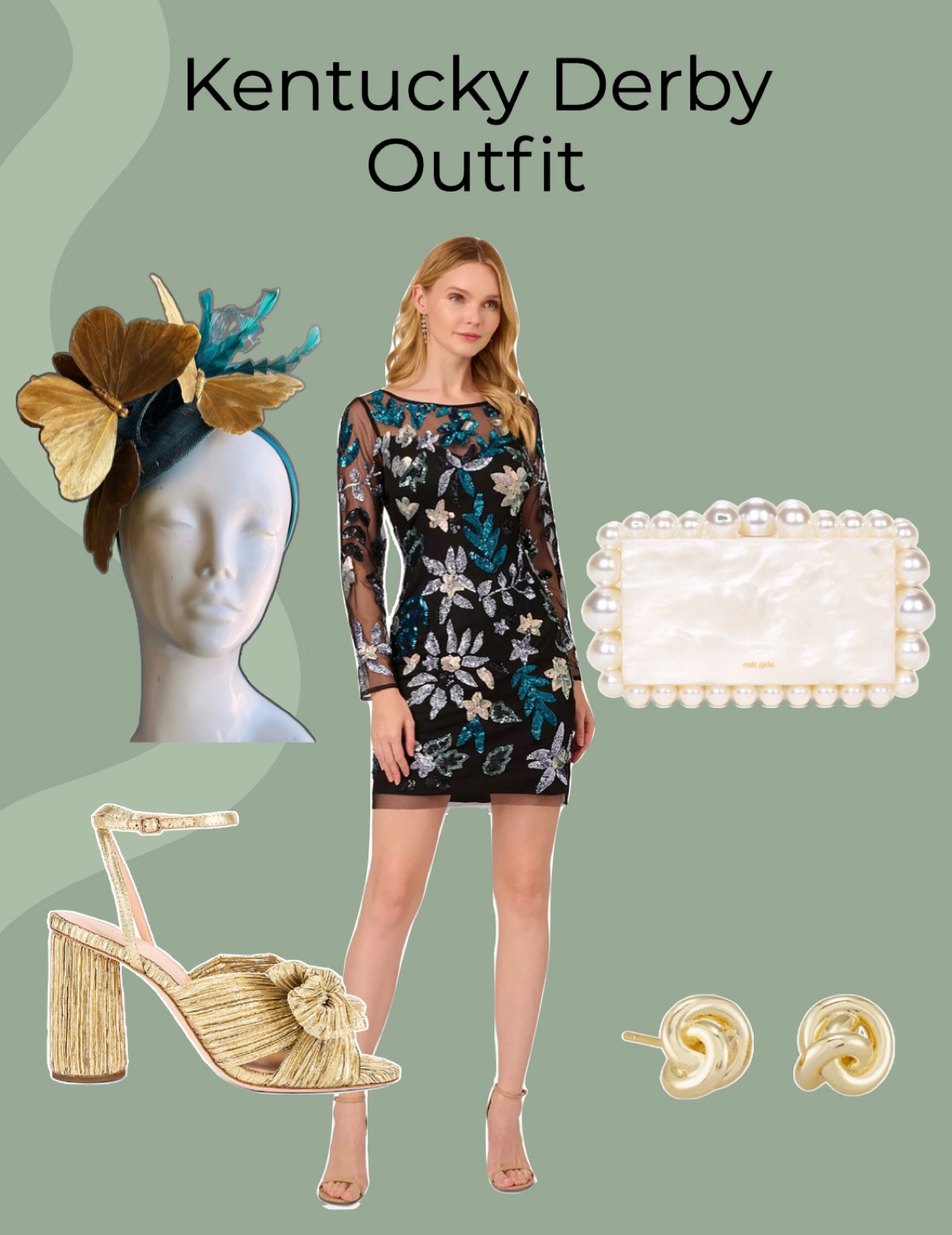 Sequined floral dress for Kentucky derby outfit // turquoise navy gold and silver dress, Adrianna papell dress styled, gold heels, knotted stud earrings for everyday wear, everyday stud earrings, Pearl clutch, neutral clutch, gold and turquoise fascinator, Kentucky derby outfits, what to wear to Kentucky derby

#LTKfindsunder100 #LTKstyletip #LTKitbag