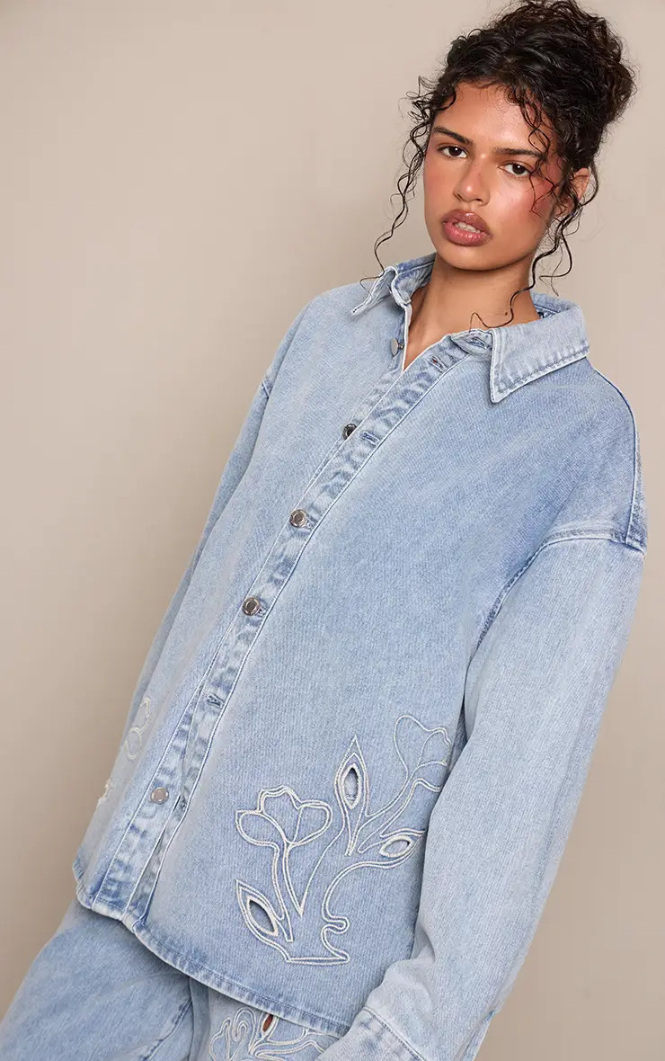 Mid Blue Wash Mid Blue Wash Embroidery Detail Denim Shirt | PrettyLittleThing USA | PrettyLittleThing US