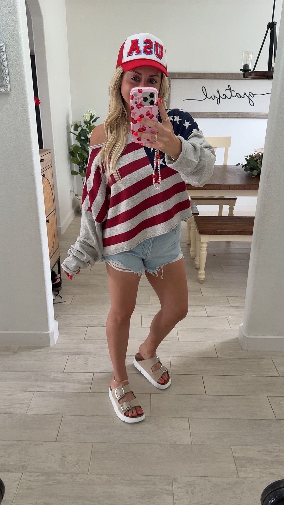 4th of July outfit
Large USA flag sweater 
Denim shorts tts
Sandals tts