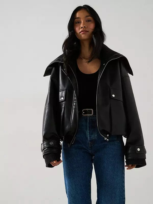 V by Very Contrast Trim Faux Leather Bomber - Black | Very (UK)