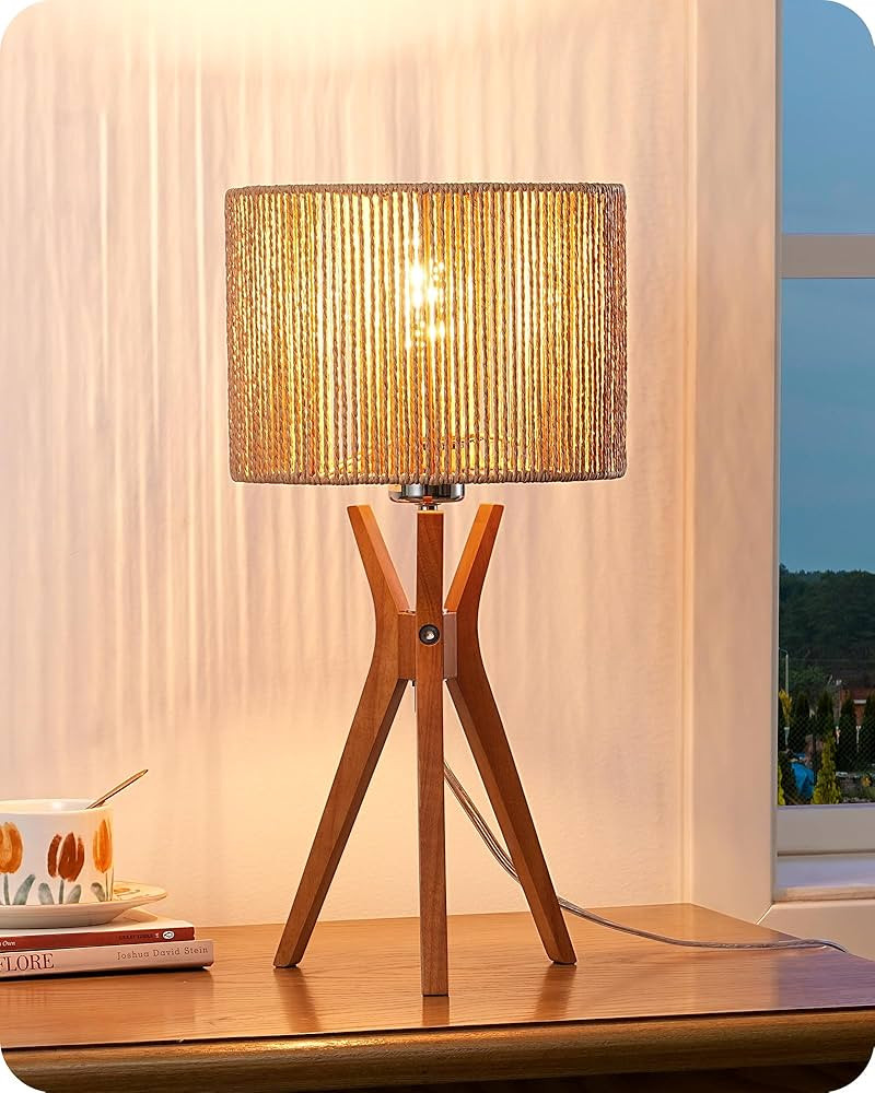 EDISHINE 17.5" Rattan Table Lamp, Wood Bedside Lamp with Handmade Paper Rope Woven Lampshade, Nig... | Amazon (CA)