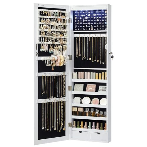 SONGMICS 6 LEDs Mirror Jewelry Cabinet, 47.2-Inch Tall Lockable Wall or Door Mounted Jewelry Armoire Organizer with Mirror, 2 Drawers, 3.9 x 14.6 x 47.2 Inches, White UJJC93W | Amazon (US)