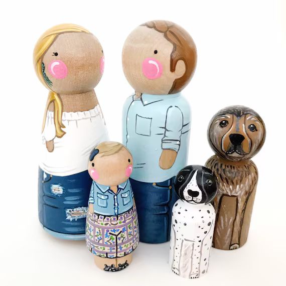 Custom Peg Doll Family of 5 // 2 Parents // 3 Kids/pets // | Etsy | Etsy (US)