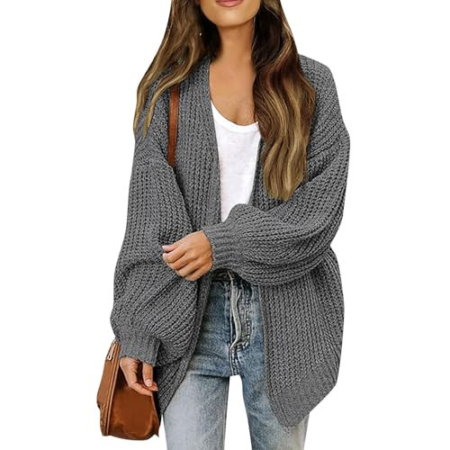 Long Cardigans for Women Womens Chunky Cardigan 2024 Fall Fashion Open Front Long Lantern Sleeve Cardigan Oversized Chunky Outwear with Pockets X-Large 02-Dark Gray | Amazon (US)
