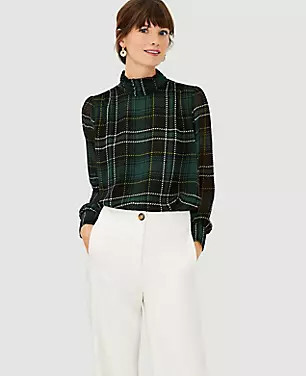 Petite Plaid Shirred Mock Neck Top | Ann Taylor (US)
