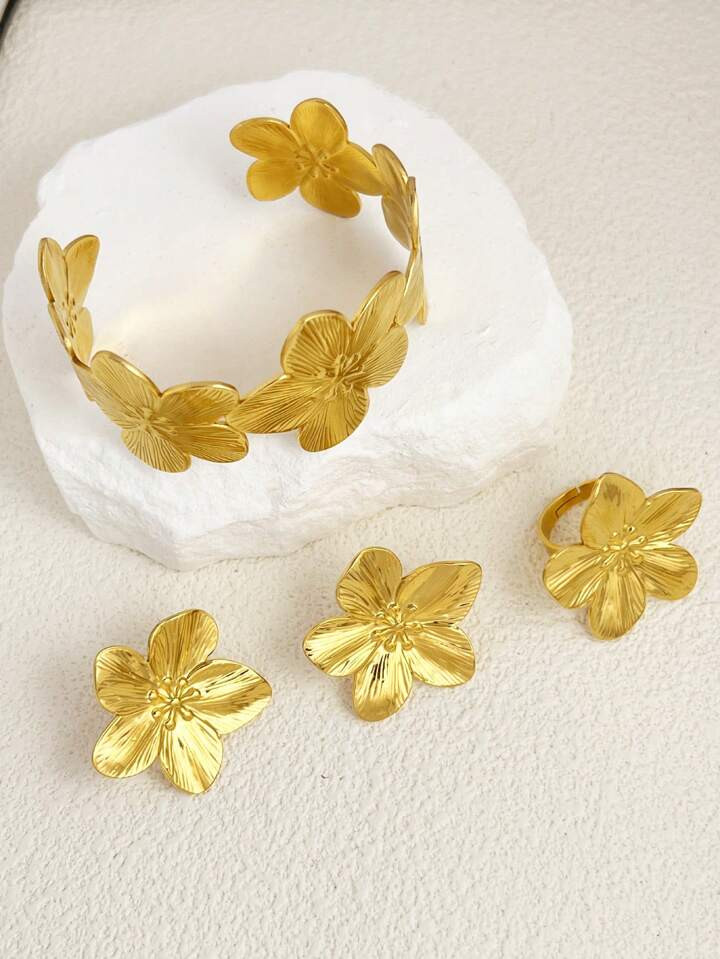 4pcs/Set Stainless Steel Vintage And Fashionable Jewelry Set, Consists Of Flower Shaped Earrings,... | SHEIN