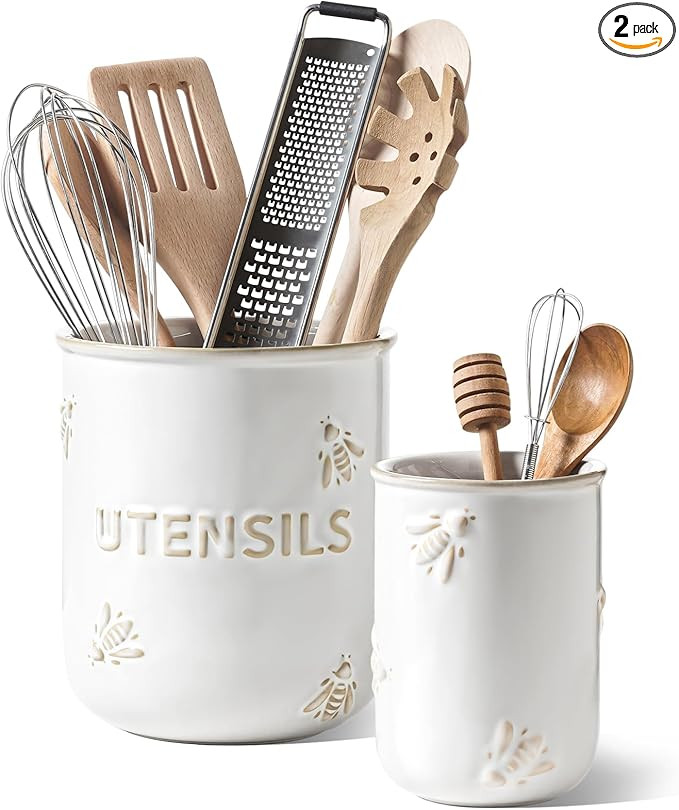 LE TAUCI Utensil Holder, 6.9"+5.3" Ceramic Kitchen Utensil Holder for Countertop - Embossed Utens... | Amazon (US)