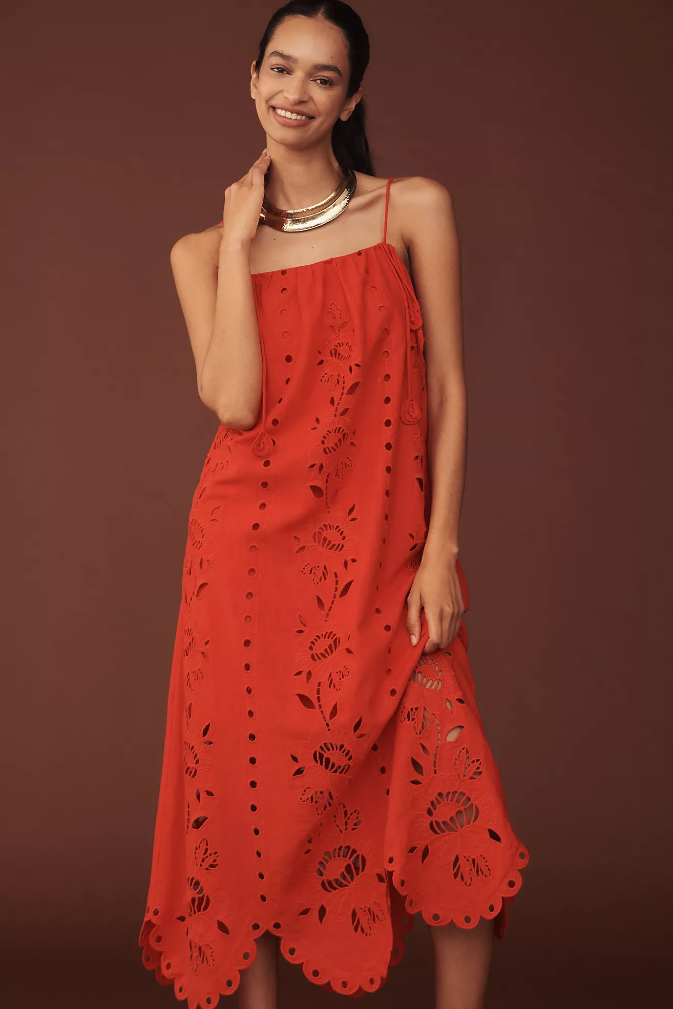 Farm Rio Richelieu Linen-Blend Sleeveless Eyelet Midi Dress | Anthropologie (US)