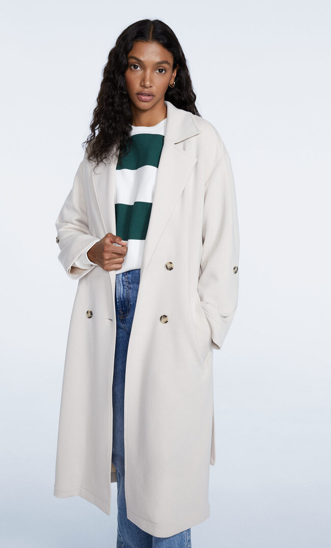 Flowing knit trench coat - Women's fashion | Stradivarius United Kingdom | Stradivarius (UK)