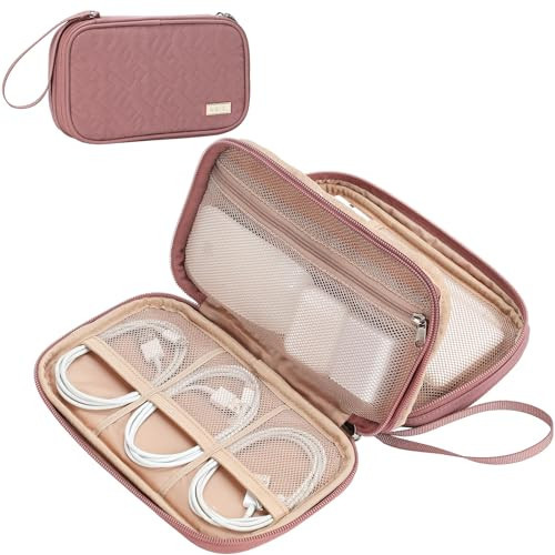 NISHEL Travel Cord Organizer Case, Double Layers Tech Electronic Case, Travel Essentials for Charger, Cable, Phone, Flash drive, Medium, Rose-wood Pink | Amazon (US)