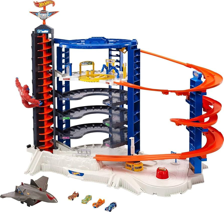 Hot Wheels Toy Car Track Set & 4 1:64 Scale Cars, Super Ultimate Garage, 3+ ft Tall with Motorize... | Amazon (US)