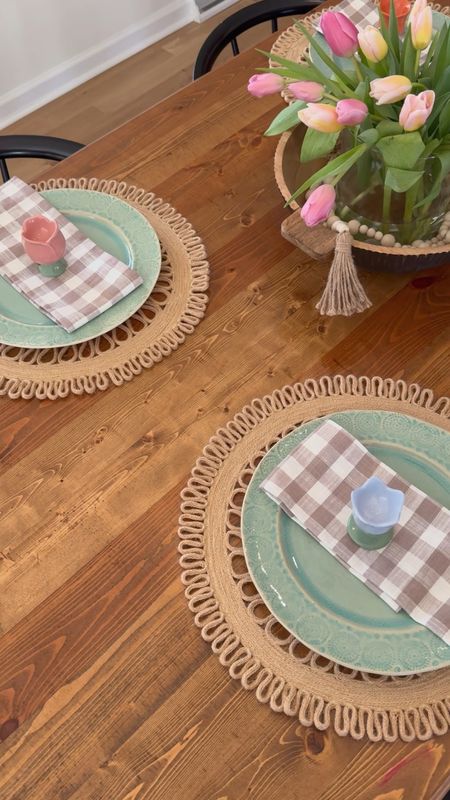 The sweetest spring or Easter table setting from Target and Anthropologie! I love the ceramic egg cups that can be used for decor or for eating. They were $1 at my Target store!  Also shown: Woven jute rope chargers, blue plates and gingham napkins

#LTKhome #LTKparties