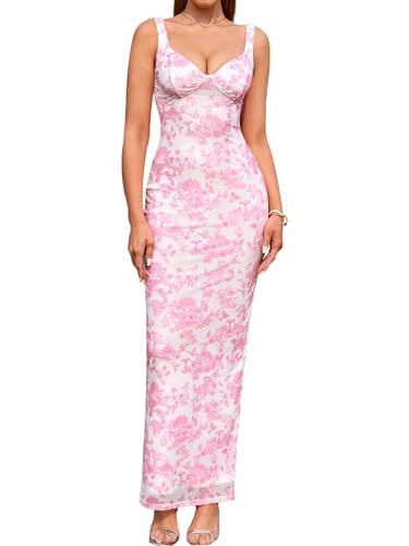 HTZMO Women Summer Floral Bodycon Maxi Dress V Neck Halter Sleeveless Casual Wedding Guest Party ... | Amazon (US)