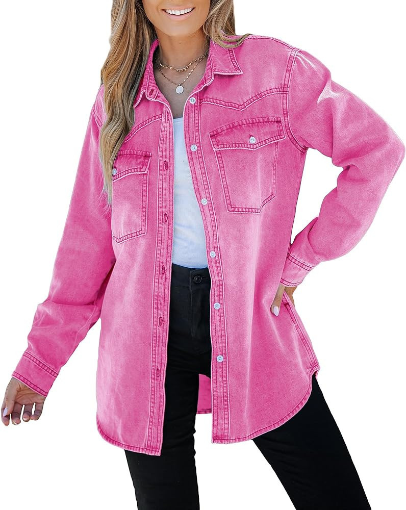 luvamia Long Denim Jacket for Women Lightweight Trendy Jean Button Down Shirts Jackets Oversized ... | Amazon (US)
