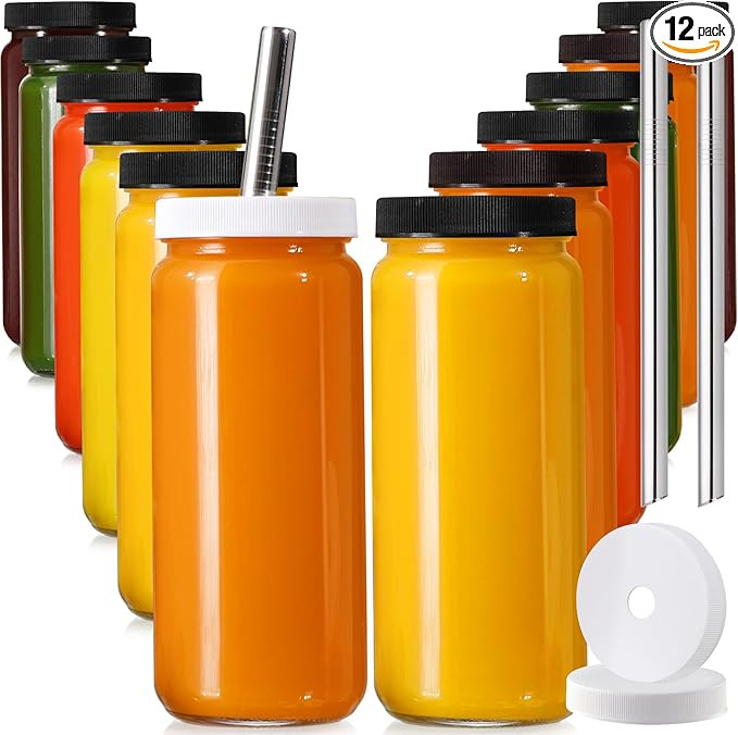 12 PACK, 16 OZ Glass Juice Bottles with Airtight Lids, Bonus 2 Straws & Perforated Lids, Reusable... | Amazon (US)