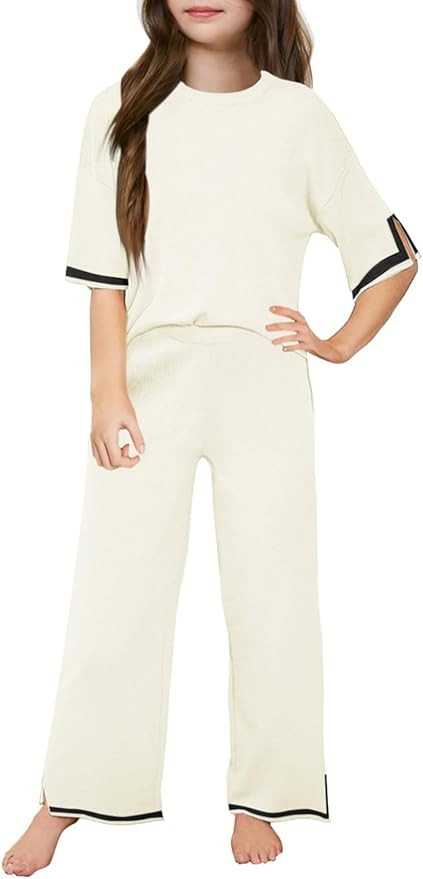 Haloumoning Girls Two Piece Outfits Kids Fashion Short Sleeve Sweater Tops and Wide Leg Pants Set... | Amazon (US)