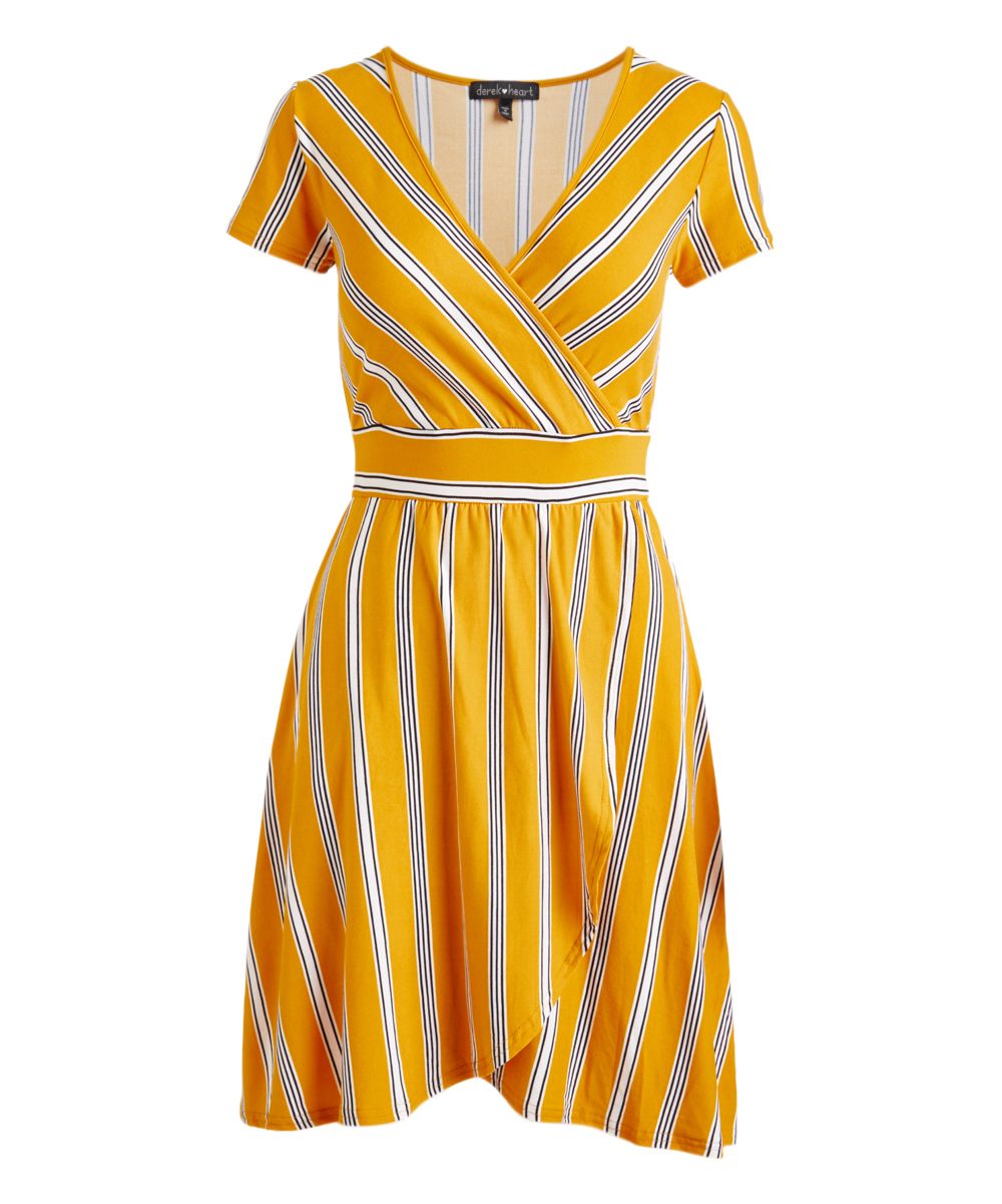 Derek Heart Women's Casual Dresses Yellow - Yellow Golden Stripe Bami's Wrap Dress - Juniors | Zulily