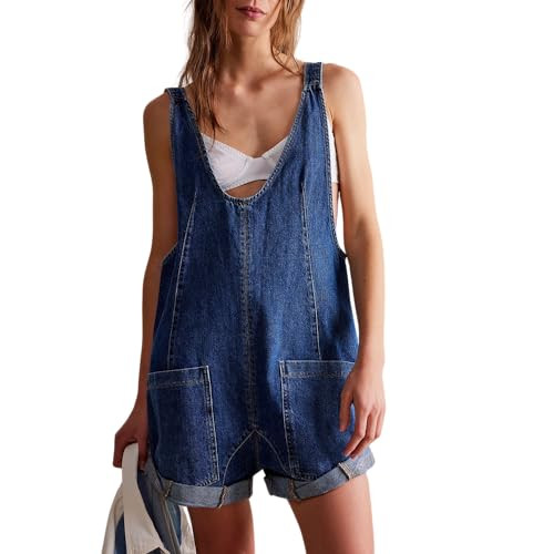 yoeasy Women's Sleeveless Denim Short Romper V Neck Jean Short Jumpsuits With Pockets (Medium, Dark Blue) | Amazon (US)