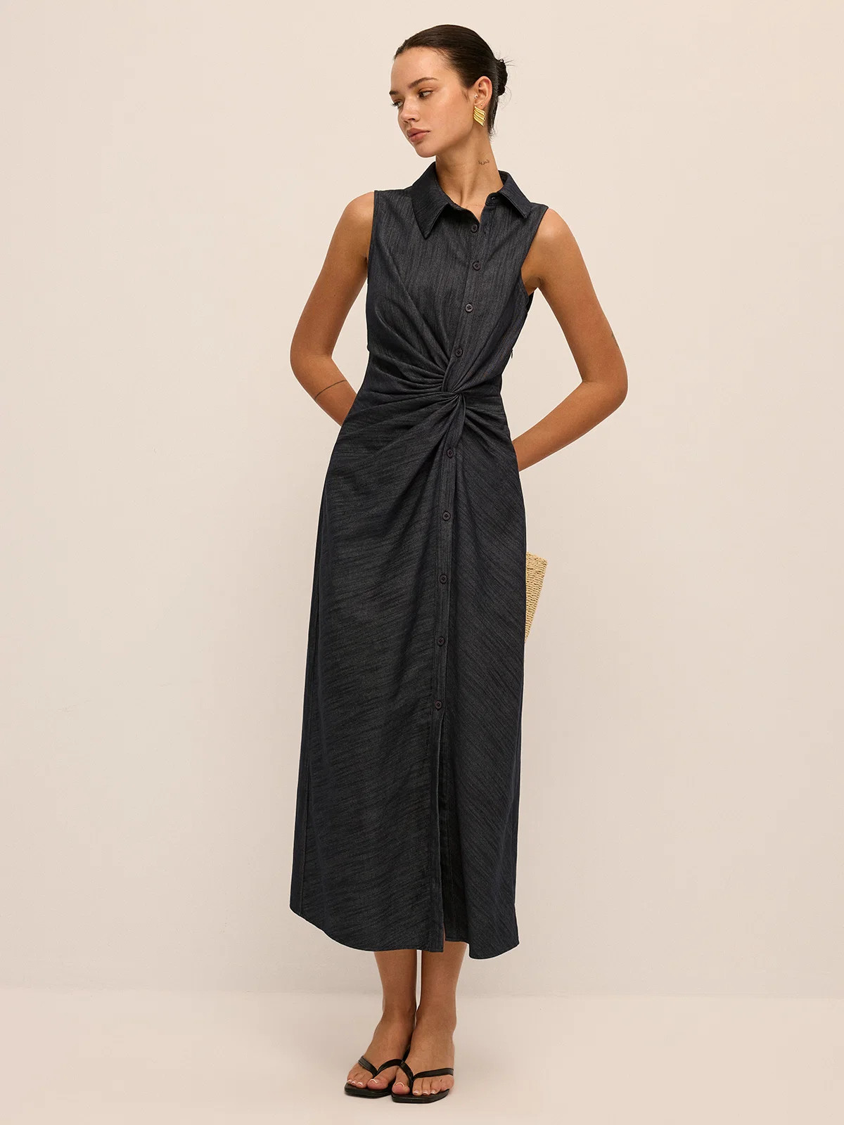 Denim Twist-Front Sleeveless Shirt Dress | Commense