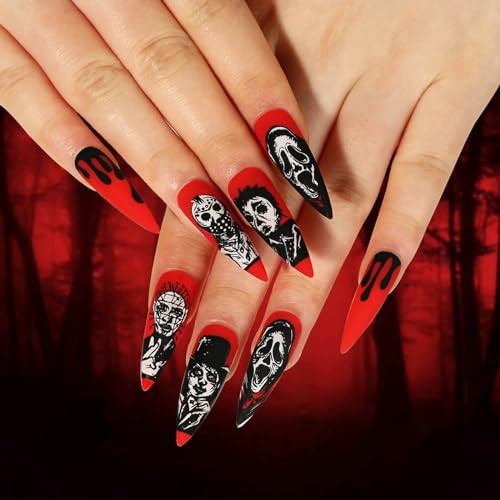 QQPPOLIU Halloween Press on Nails Long Nails Press on Stiletto Press Ons Red Fake Nails All Saints Gift Stick on Nails with Design Glue on Nails for Youth and Teen | Amazon (US)