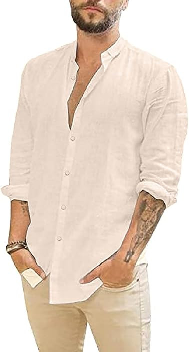 JEKAOYI Mens Summer Casual Long Sleeve Cotton Linen Shirts Button Up Solid Plain Roll-Up Sleeve B... | Amazon (US)