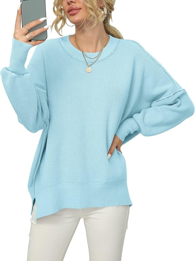 ANRABESS Women Crewneck Batwing Sleeve Oversized Side Slit Ribbed Knit Pullover Sweater Top | Amazon (US)