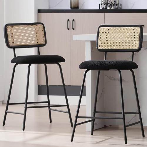 ZSARTS Black Rattan Barstools Set of 2, 26" Boucle Fabric Counter Height Bar Stools with Cane Back, Wicker Bar Chairs for Pub/Kitchen/Home Bar, Black | Amazon (US)