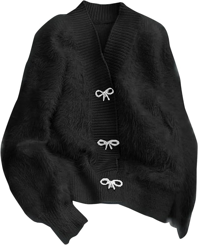 iZZZHH Women's Rhinestone Bow Fluffy Long Sleeve V Neck Crop Cardigan Sweater Womens Hooded Dress | Amazon (US)