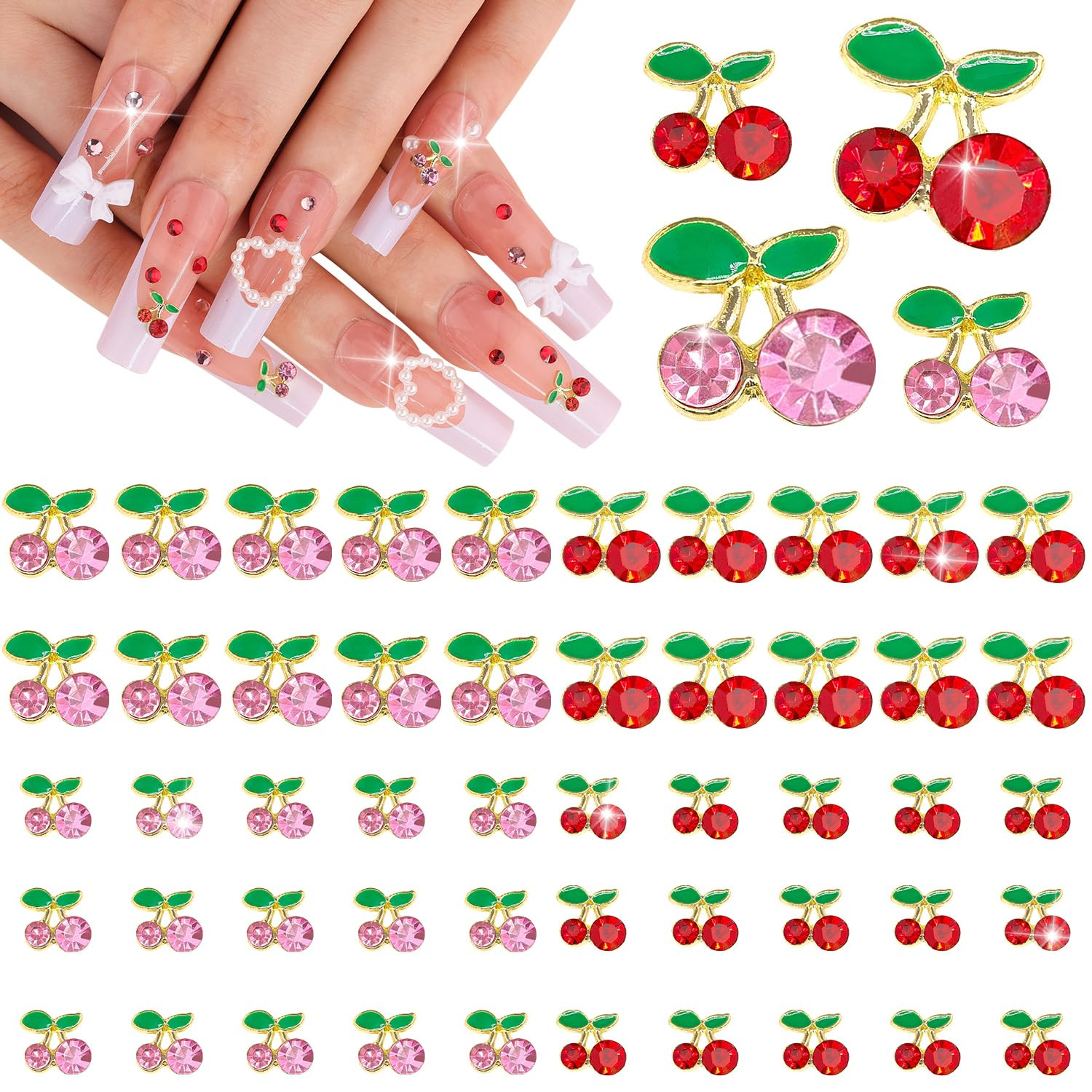 50Pcs 2 Sizes 3D Cherry Nail Charms, Pink + Red Shiny Cute Fruit Luxury Gems, Crystal Diamond Jew... | Amazon (US)