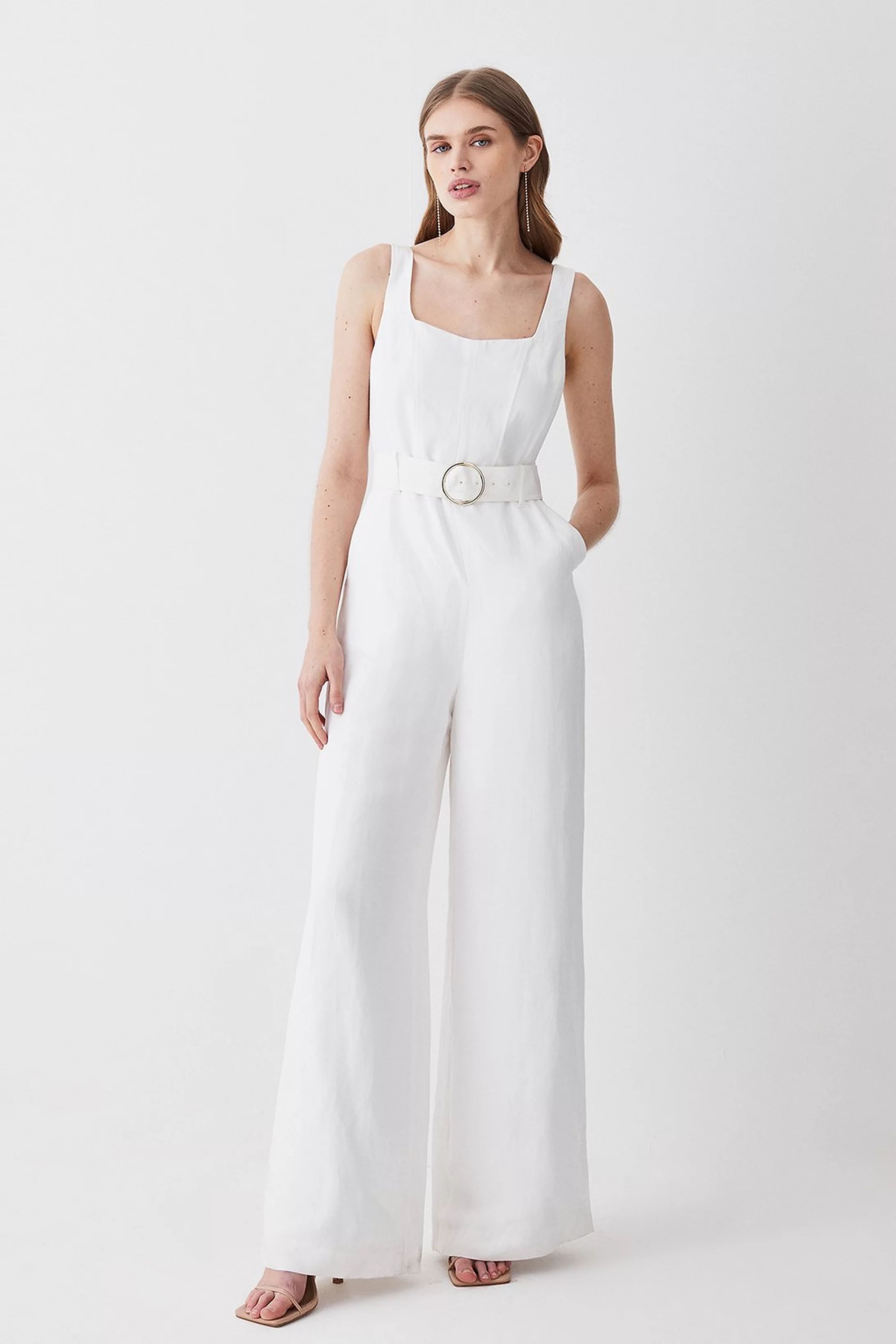 Linen Seamed Detail Wide Leg Jumpsuit | Karen Millen US