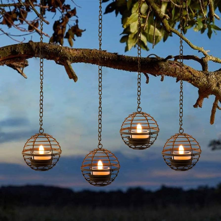 Solar Hanging Lanterns Outdoor Waterproof, Rust Iron Ball Candle Holder with Flickering Solar Pow... | Amazon (US)