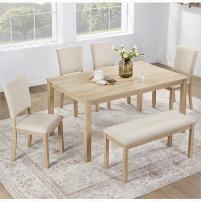 Light Oak 6-Piece Rectangular Dining Set with Beige Upholstery, Seats 6, Modern Style | Wayfair North America