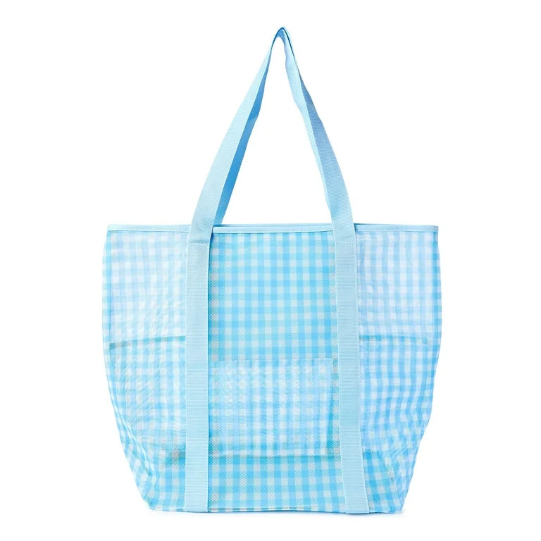 Time and Tru Women's Mesh Beach Tote Bag, 2-Pack Gingham Blue Yonder / Black | Walmart (US)