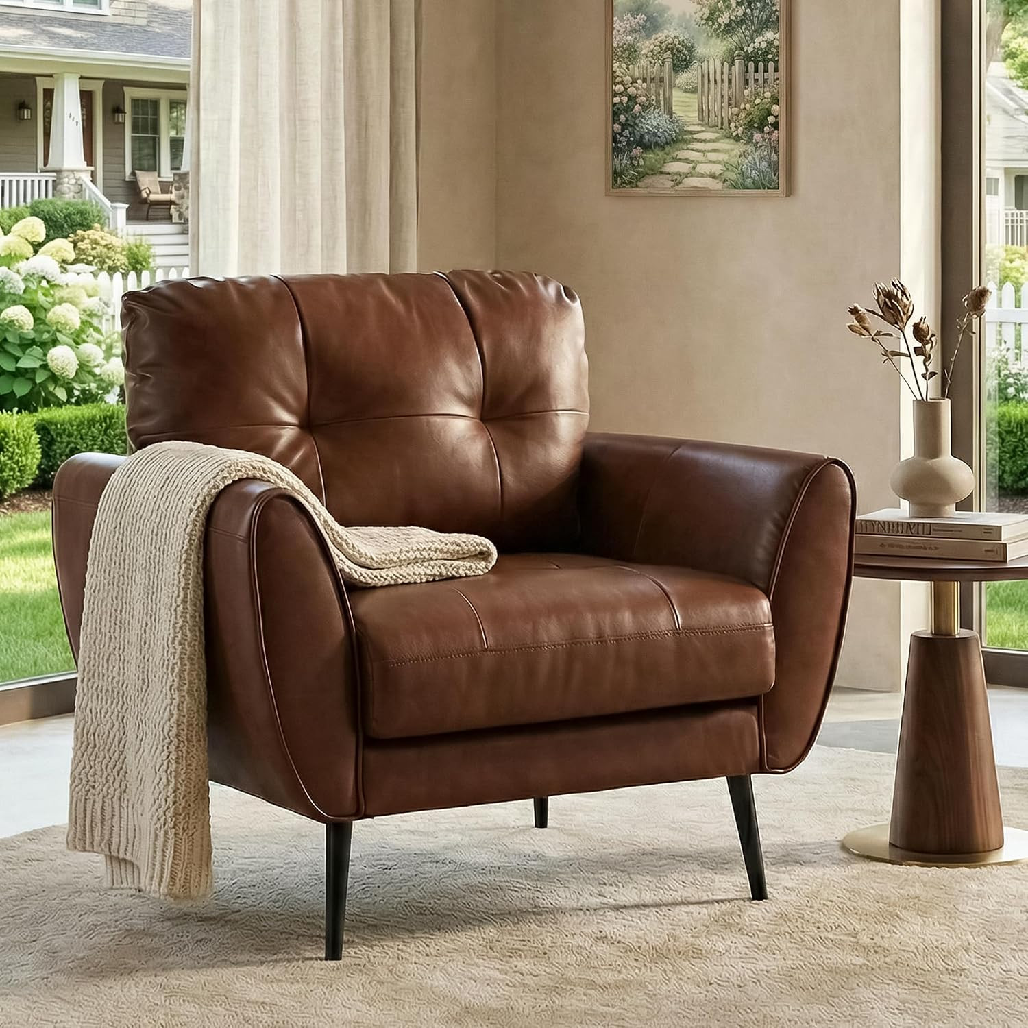 Brown Leather Accent Chair, Tufted Reading Arm Chair for Living Room Office | Amazon (US)