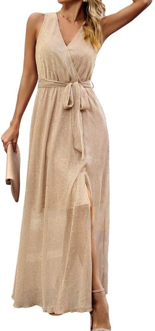 Kate Kasin 2023 Women's Sequin Dress Split Glitter Maxi V Neck Sleeveless Formal Dress for Evenin... | Amazon (US)