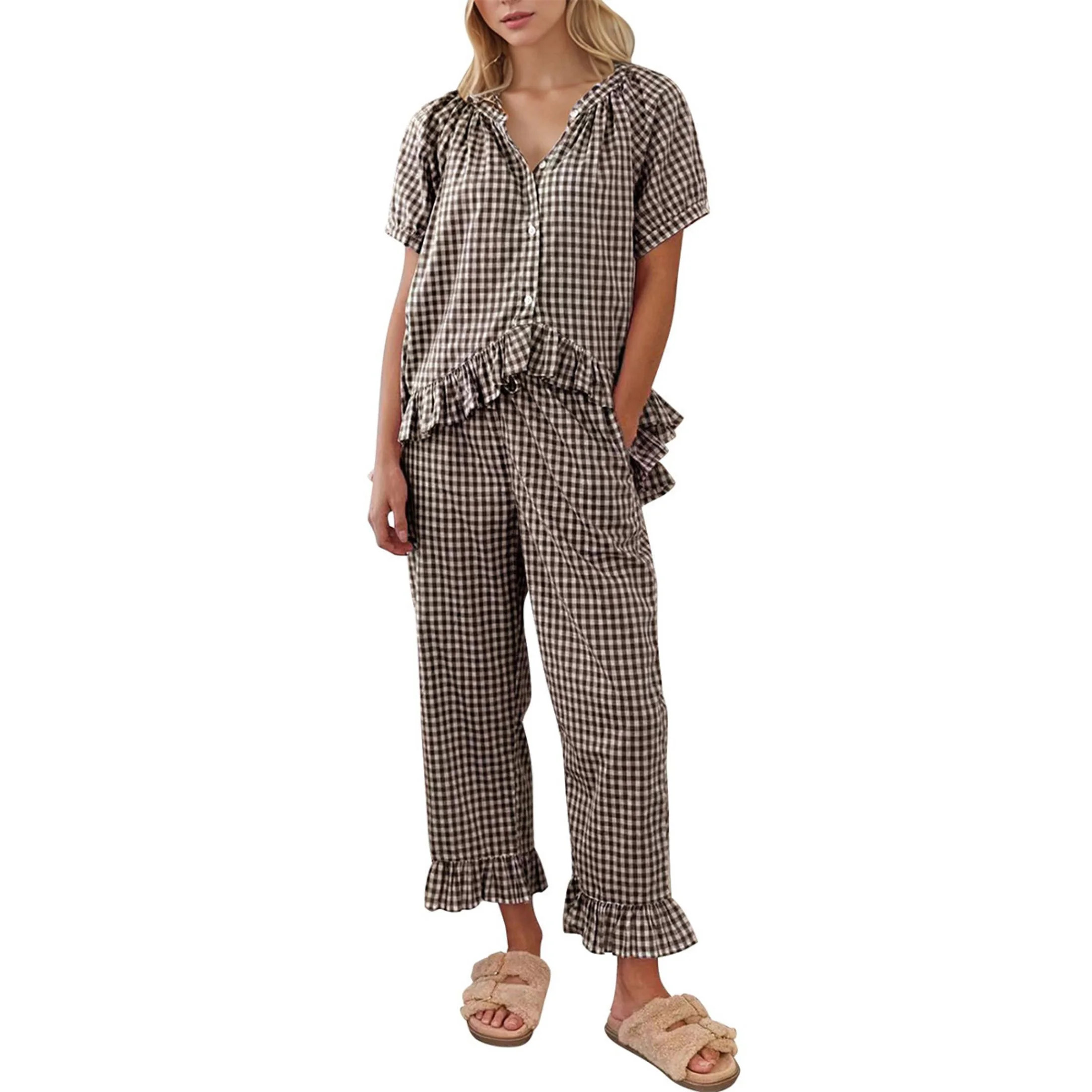 Womens 2 Piece Gingham Pajamas Sets Plaid Puff Sleeve Babydoll Shirt Ruffle Pants Y2K Pjs Lounge ... | Walmart (US)