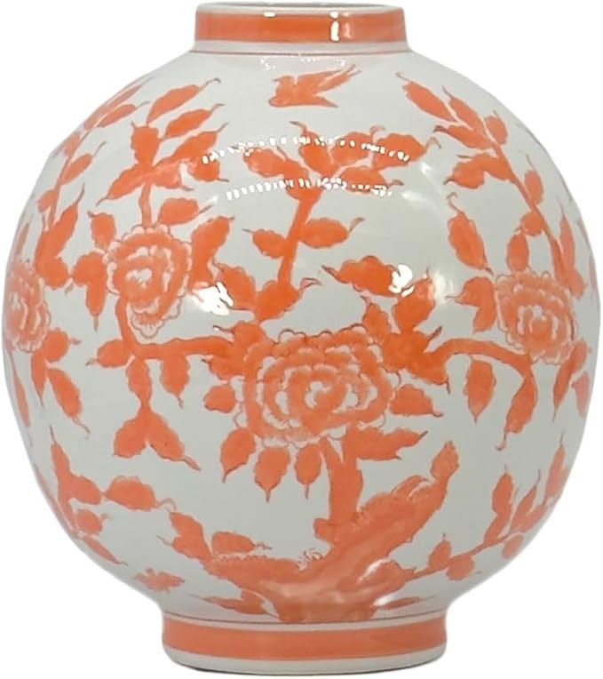 Galt International Orange & White Ceramic Floral Chinoiserie Globe Vase 12" Dia. - Round Bulb Sha... | Amazon (US)