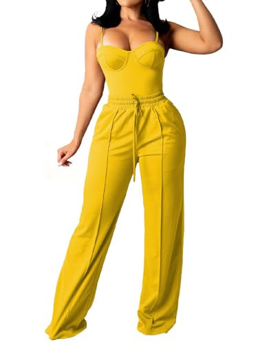 PINSV Women's Casual Wide Leg Pants High Waisted Drawstring Baggy Sweatpants Elastic Straight Leg Lounge Pants Yellow XL | Amazon (US)