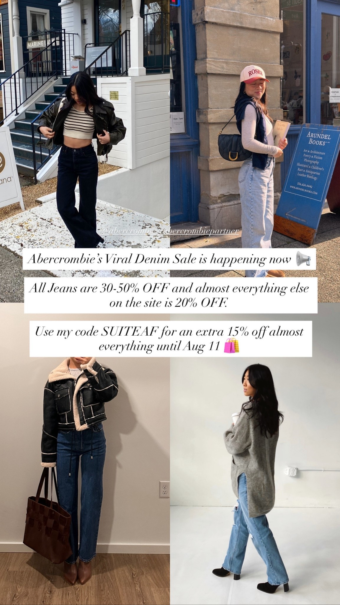 Abercrombie Denim Sale just in time for back to school and fall fashion! All Jeans are 30-50% Off* and almost everything else on the site is 20% off**. Use my code SUITEAF for an extra 15% off almost everything*** this weekend!

#LTKFindsUnder50 #LTKSaleAlert #LTKSeasonal