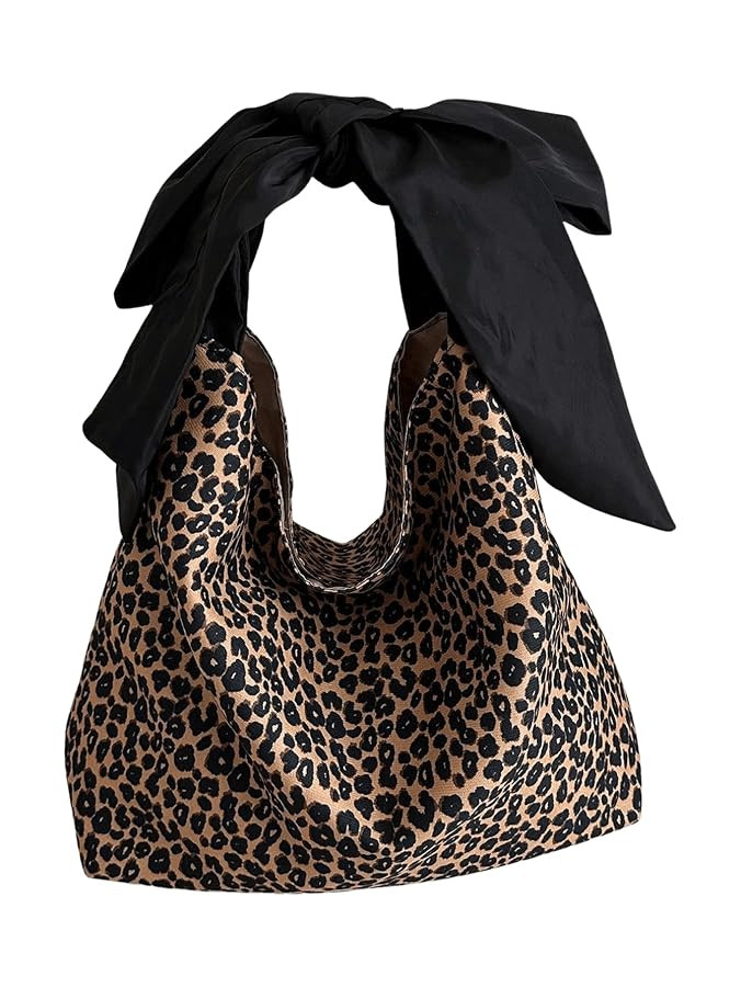 QWINEE Women's Y2K Leopard Print Tote Handbag Casual Cheetah Print Canvas Shoulder Bag Bow Undera... | Amazon (US)