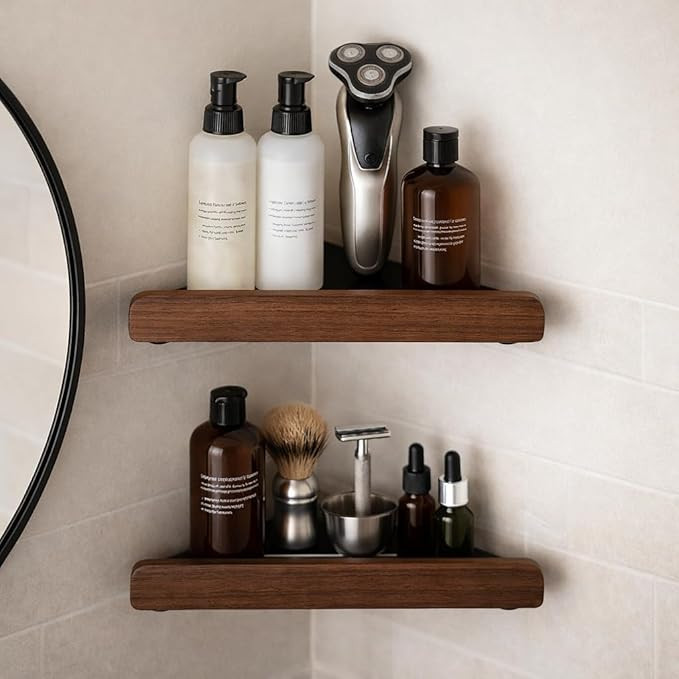 2-Tier Corner Shower Shelf, Walnut Wood Shower Caddy for Bathroom, Waterproof Wall Mounted Corner... | Amazon (US)