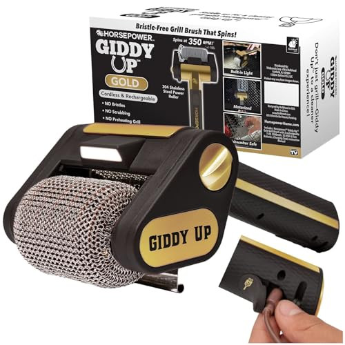Horsepower Giddy Up GOLD Bristle-Free Spinning Grill Brush w/LED & Longer Run Time, Cordless/Rechargeable, 304 Stainless Steel Power Roller Blasts Away Burnt-On Food, No Bristles No Preheating 350 RPM | Amazon (US)