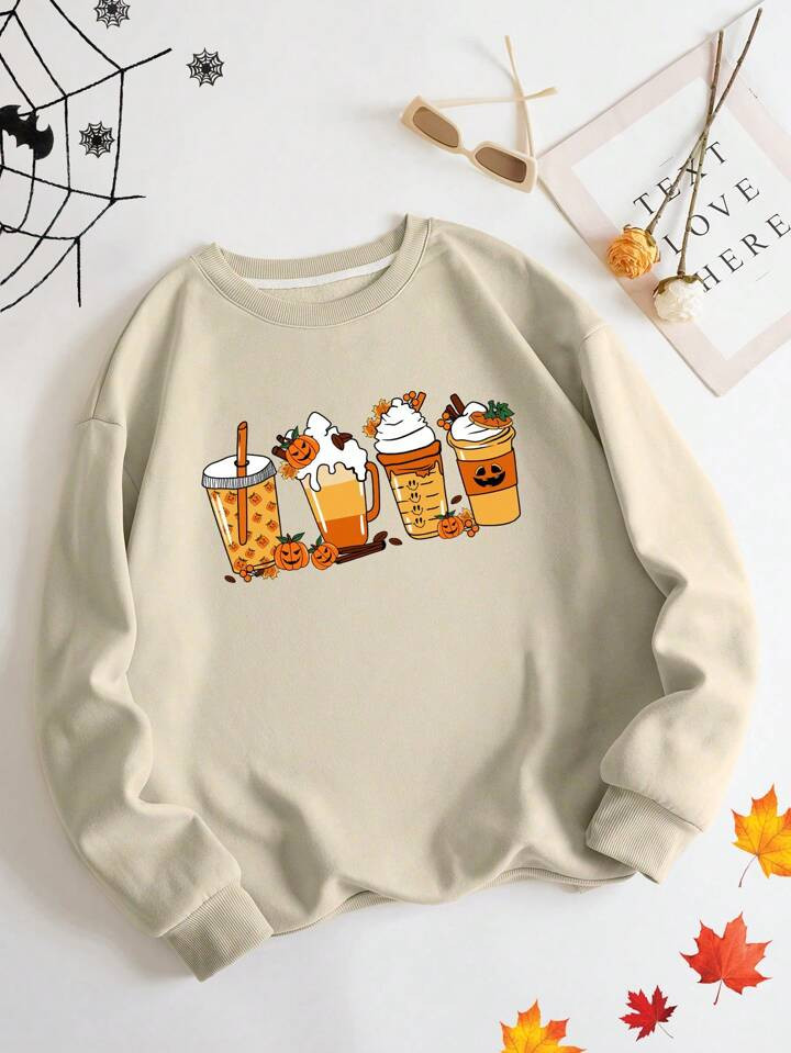 SHEIN EZwear Plus Halloween Beverage Print Thermal Lined Sweatshirt | SHEIN