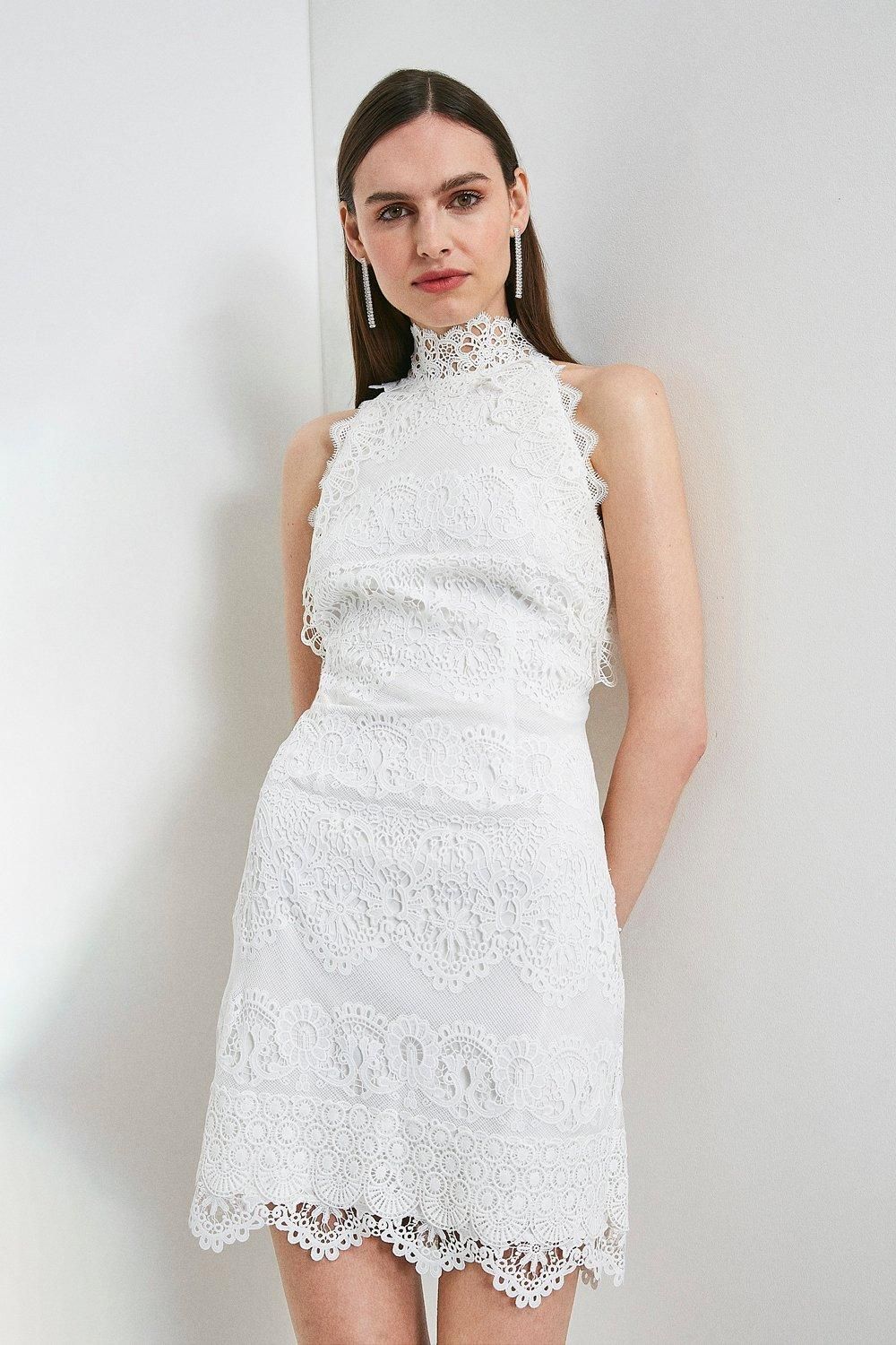 Lace Applique Halter Mini Dress | Karen Millen UK & IE