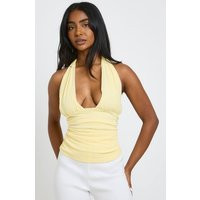 Textured Deep Plunge Halter Neck Top, yellow | PrettyLittleThing US