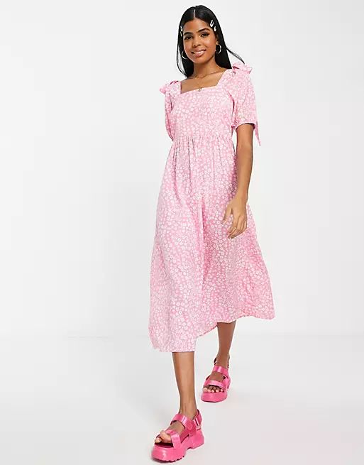 Influence puff sleeve midi dress with shoulder tie detail in pink ditsy floral | ASOS (Global)